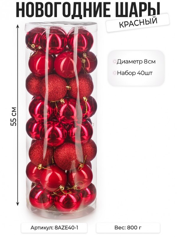 Набор новогодних шаров, 8см, 40шт, красный