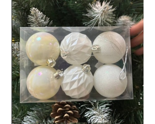 Набор шаров новогодних Белый преламутр декорированные 6 шт в упаковке 6см в упаковке недорого