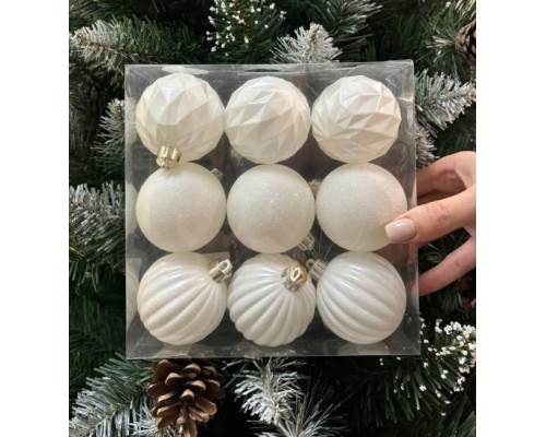 Набор шаров новогодних Белый преламутр декорированные 9 шт в упаковке 6см в упаковке недорого